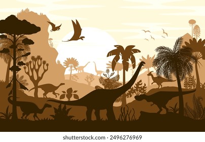 Dinosaur silhouettes, vector shadow scene of jurassic prehistoric landscape. Dino animals and ancient flora with palm trees and ferns under a large sunset sun, monochromatic background in brown colors