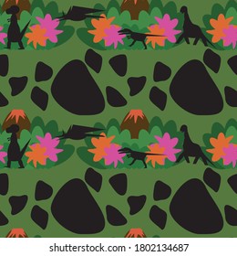 Dinosaur silhouettes with a volcano, tropical flowers and lush foliage on a green background with rocks. Seamless pattern.