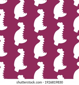 Dinosaur simple seamless pattern vector. White dino silhouette on purple background endless texture. Funny childish surface design by two colors with dino. Prehistoric animal endless texture for kids