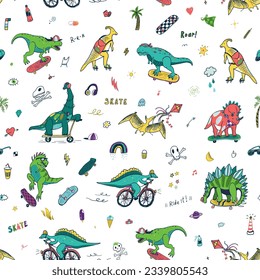 Dinosaur, skate, doodles summer vector seamless pattern.