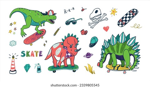 Dinosaur, skate, doodles summer vector illustrations set.