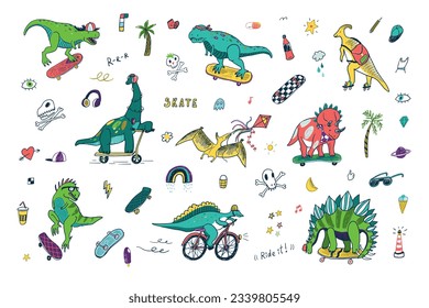 Dinosaur, skate, doodles summer vector illustrations set.