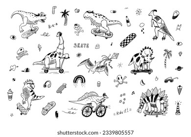 Dinosaur, skate, doodles summer vector illustrations set.