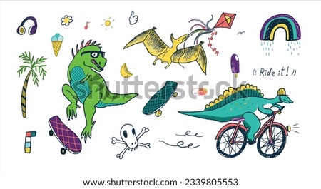 Dinosaur, skate, doodles summer vector illustrations set.