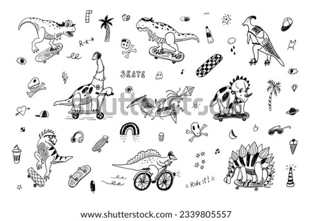 Dinosaur, skate, doodles summer vector illustrations set.