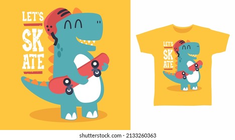 Dinosaur with skateboard cartoon tshirt design concept