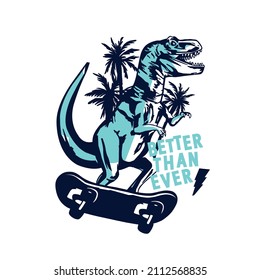 Dinosaur and skateboard  print. Fun t-shirt design for kids.Cute Dinosaur character design.