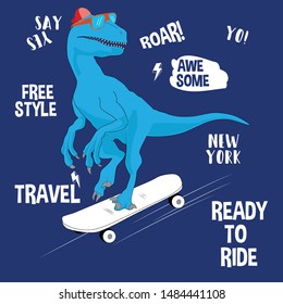 dinosaur skateboard white text line tee illustration art vector