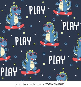 Dinosaur skateboarding hand drawn pattern designs for print on fabric and other uses.