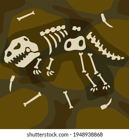 Dinosaur skeleton. Archeology and excavations. Cartoon dino illustration. Layers of earth and soil. Bones of a prehistoric lizard