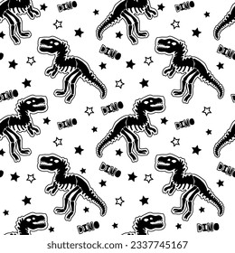 Dinosaur skeleton black and white seamless pattern. Angry dinosaurs. Desing for textile, clothes.