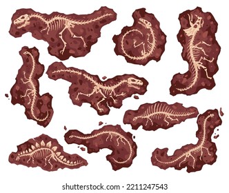 Dinosaur skeleton bones, fossil excavations of archeology isolated set. Collection of prehistoric reptile skeletons lying underground. Cartoon different dinosaur fossils. Paleontological artifacts