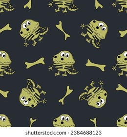 Dinosaur skeleton and dinosaur bones on a dark blue background seamless pattern