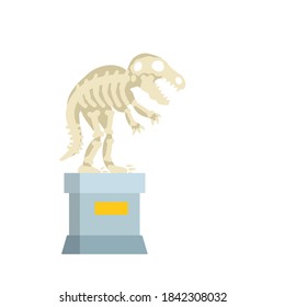 Dinosaur skeleton. Bones of a prehistoric lizard. Museum exhibit. Statue on a pedestal. Exhibition in the historical hall. Cartoon flat illustration