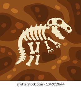 Dinosaur skeleton. Bones of a prehistoric lizard. Archeology and excavations. Cartoon dino illustration. Layers of earth and soil.