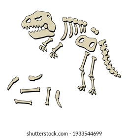 Dinosaur skeleton. Bones of a prehistoric lizard. The Halloween element. Funny monster. Archeology and history. Cartoon dino illustration