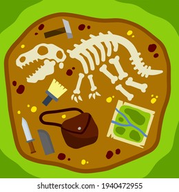 Dinosaur skeleton. Bones of prehistoric lizard. Set of archaeologist tools. Historical finds and excavations. Fla cartoon