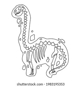 Dinosaur skeleton in cartoon style. The bones of a prehistoric animal. Archeology. Black and white Vector illustration isolated on white background.