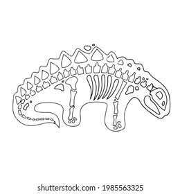 Dinosaur skeleton in cartoon style. The bones of a prehistoric animal. Archeology. Black and white Vector illustration isolated on white background.