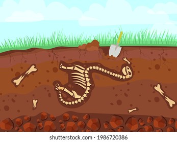 Dinosaur skeleton in cartoon style. The bones of a prehistoric animal underground. Archeology. Vector illustration isolated on white background.