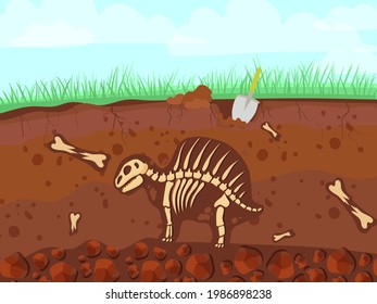 Dinosaur skeleton in cartoon style. The bones of a prehistoric animal underground. Archeology. Vector illustration isolated on white background.