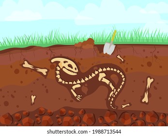 Dinosaur skeleton in cartoon style. The bones of a prehistoric animal underground. Archeology. Vector illustration isolated on white background.