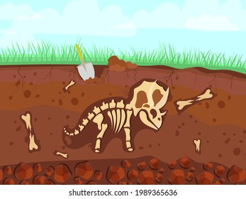 Dinosaur skeleton in cartoon style. The bones of a prehistoric animal underground. Archeology. Vector illustration isolated on white background.