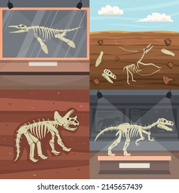 Dinosaur skeleton flat 2x2 design concept with ancient fossils and museum exhibits isolated vector illustration