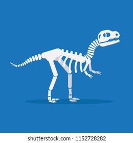 Dinosaur skeleton flat design vector illustration isolated on blue background. Tyrannosaurus rex skeleton icon.