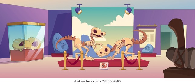 Dinosaur skeleton and fossil in history museum vector illustration. Archeology podium for animal bone and ancient prehistory stone with tyrannosaurus footprint. Paleontology gallery exhibit interior