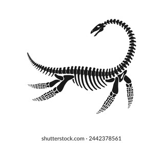 Huesos de dinosaurio fósil o Plesiosaurus dino, vector reptil Jurásico. Lagarto de dinosaurio marino o esqueleto fósil de arqueología de reptil extinto Plesiosaurus con hueso impresión de silueta