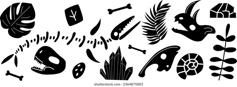 Esqueleto de dinosaurios y fósiles. Huesos de dinosaurio, rocas, huellas, plantas y huevos. Ilustración en blanco y negro