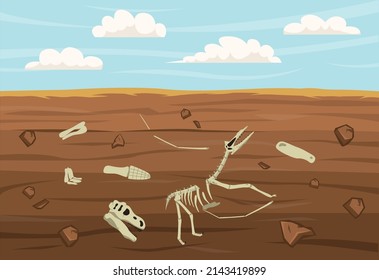 Dinosaur skeleton fossils with bones and skulls in soil flat vector illustration