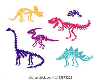 Dinosaur skeleton fossils set diplodocus, triceratops, trex, stegosaurus, parasaurolophus, fish. Collection illustration. Clip art logo, card, T-shirts, textiles. Isolated on white background. Vector