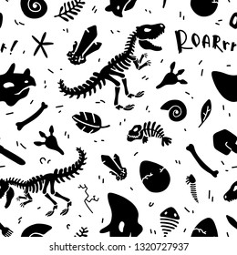 Dinosaur skeleton and fossils. Vector seamless pattern. Original design with t-rex, dinosaur bones, stones, traces, plants and eggs. Print for T-shirts, textiles, web. White background.