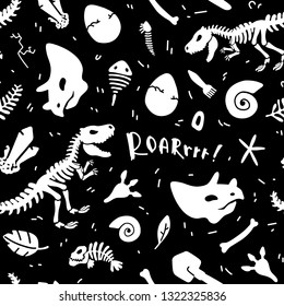 Dinosaur skeleton and fossils. Vector seamless pattern. Original design with t-rex, dinosaur bones, stones, traces, plants and eggs. Print for T-shirts, textiles, web. Black background.