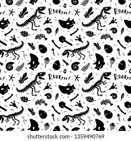 Dinosaur skeleton and fossils. Vector seamless pattern. Original design with t-rex, dinosaur bones, stones, traces, plants and eggs. Print for T-shirts, textiles, web. White background.