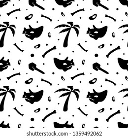 Dinosaur skeleton and fossils. Vector seamless pattern. Original design with triceratops skull, dinosaur bones, stones, palm. Print for T-shirts, textiles, web. White background.