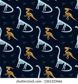 Dinosaur skeleton and fossils. Vector seamless pattern. Original design with parasaurolophus, diplodocus and traces. Print for T-shirts, textiles, web. Dark background.