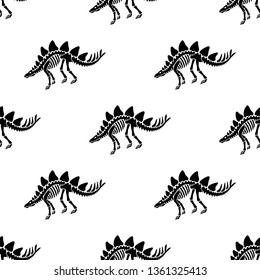 Dinosaur skeleton and fossils. Vector seamless pattern. Original design with stegosaurus. Print for T-shirts, textiles, web. White background.