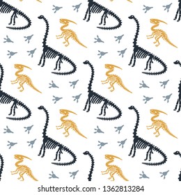 Dinosaur skeleton and fossils. Vector seamless pattern. Original design with parasaurolophus, diplodocus and traces. Print for T-shirts, textiles, web. White background.