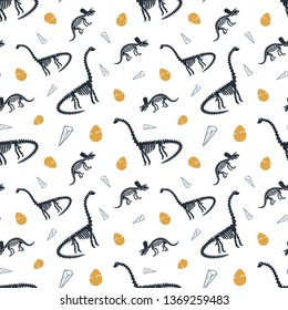 Dinosaur skeleton and fossils. Vector seamless pattern. Original design with diplodocus, triceratops, crystals and eggs. Print for T-shirts, textiles, web. White background.