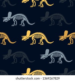 Dinosaur skeleton and fossils. Vector seamless pattern. Original design with triceratops. Print for T-shirts, textiles, web. Dark background.