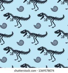 Dinosaur skeleton and fossils. Vector seamless pattern. Original design with t-rex, dinosaur bones. Print for T-shirts, textiles, web. Blue background.