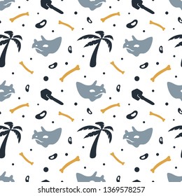 Dinosaur skeleton and fossils. Vector seamless pattern. Original design with triceratops skull, dinosaur bones, stones, palm. Print for T-shirts, textiles, web. White background.