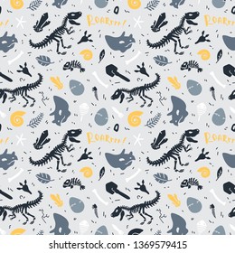 Dinosaur skeleton and fossils. Vector seamless pattern. Original design with t-rex, dinosaur bones, stones, traces, plants and eggs. Print for T-shirts, textiles, web. Grey background.