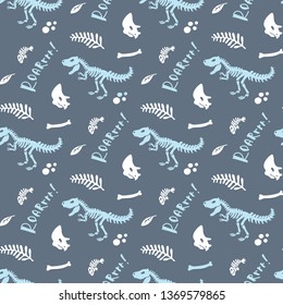 Dinosaur skeleton and fossils. Vector seamless pattern. Original design with t-rex, dinosaur bones, stones, traces, plants. Print for T-shirts, textiles, web. Grey background.