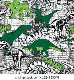 Dinosaur skeleton grunge pattern. Background with T. rex. For textile, fabric and more