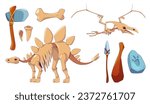 Dinosaur skeleton icon and fossil set for history museum vector illustration. Archeology stone and stegosaurus bone clipart for ancient jurassic interior design. Prehistory extinct pterodactyl