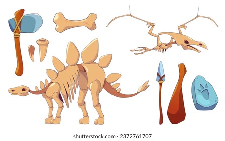 Dinosaur skeleton icon and fossil set for history museum vector illustration. Archeology stone and stegosaurus bone clipart for ancient jurassic interior design. Prehistory extinct pterodactyl